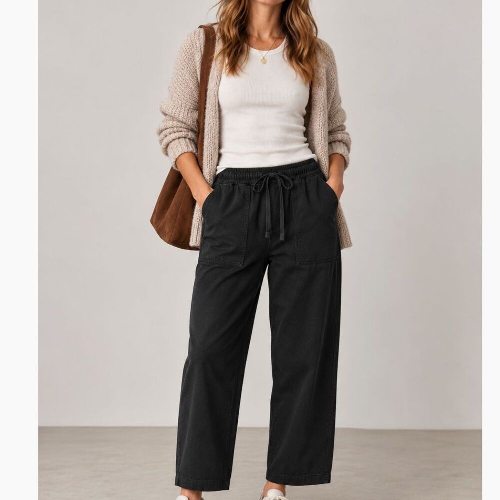 Buck Mason Herringbone Utility Pants S Black Wide Leg Pull-On Fatigue Workwear